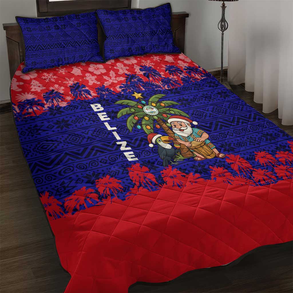 Belize Christmas Quilt Bed Set with Santa Toucan Palm Tree and Tribal Holiday Pattern - Wonder Print Shop