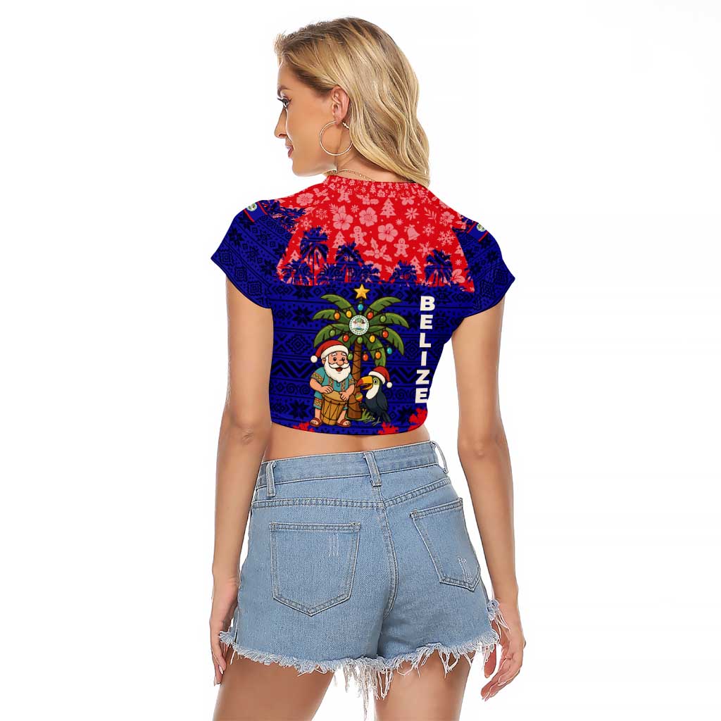 Belize Christmas Raglan Cropped T Shirt with Santa Toucan Palm Tree and Tribal Holiday Pattern - Wonder Print Shop