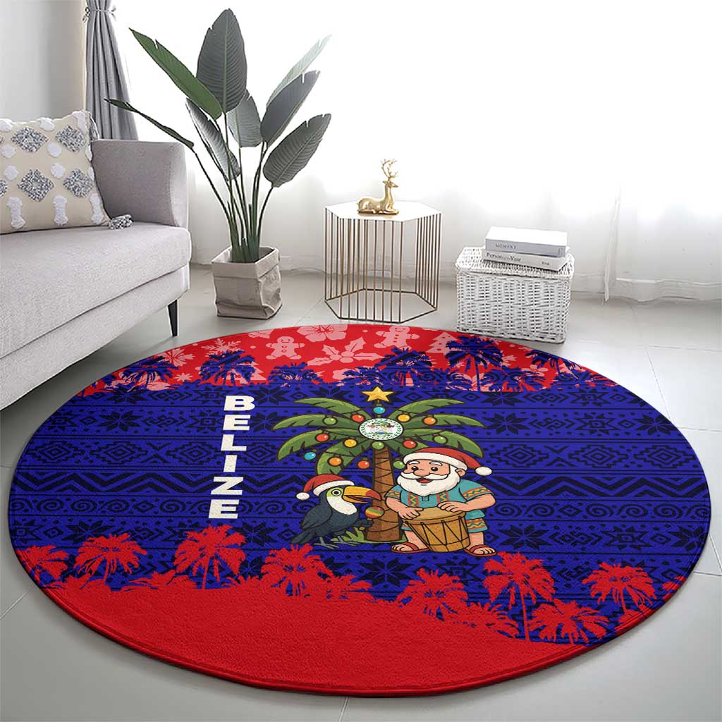 Belize Christmas Round Carpet with Santa Toucan Palm Tree and Tribal Holiday Pattern - Wonder Print Shop