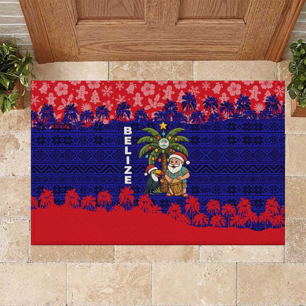 Belize Christmas Rubber Doormat with Santa Toucan Palm Tree and Tribal Holiday Pattern - Wonder Print Shop