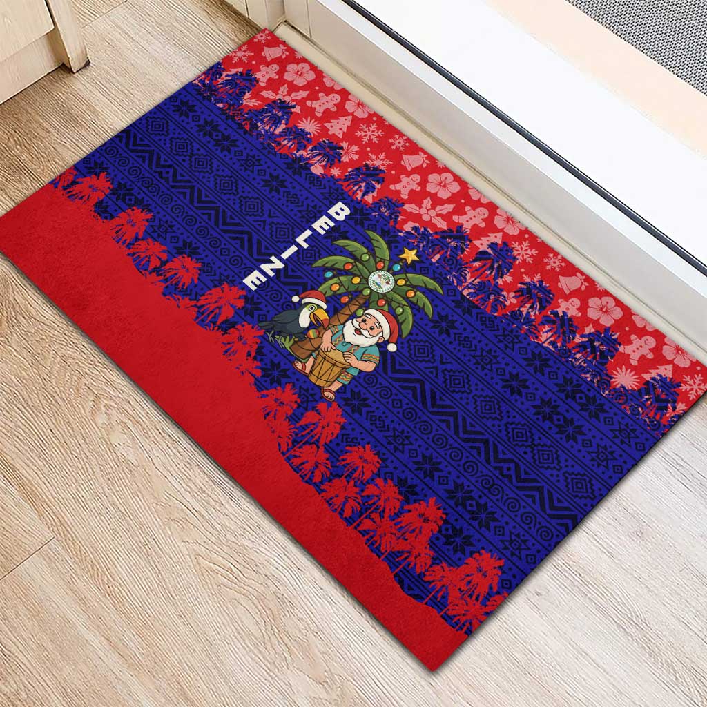 Belize Christmas Rubber Doormat with Santa Toucan Palm Tree and Tribal Holiday Pattern - Wonder Print Shop