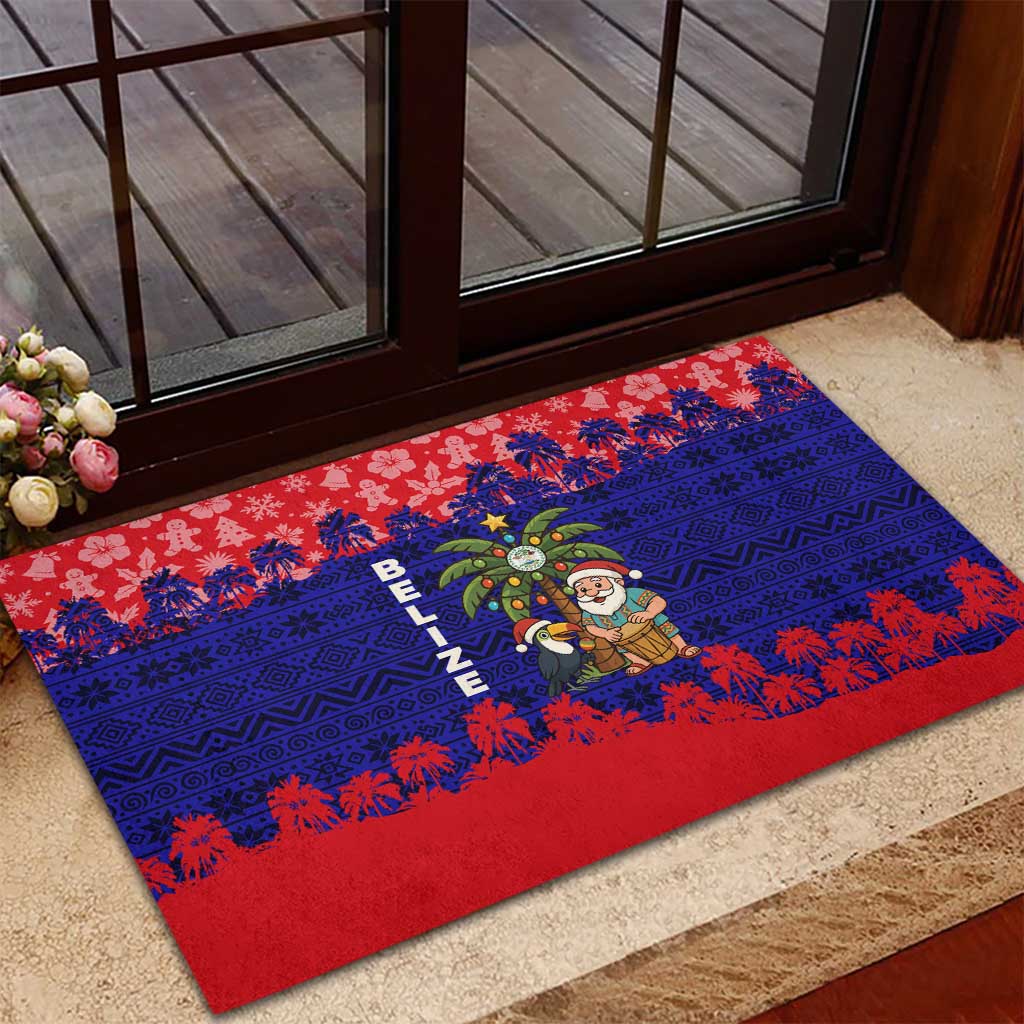 Belize Christmas Rubber Doormat with Santa Toucan Palm Tree and Tribal Holiday Pattern - Wonder Print Shop