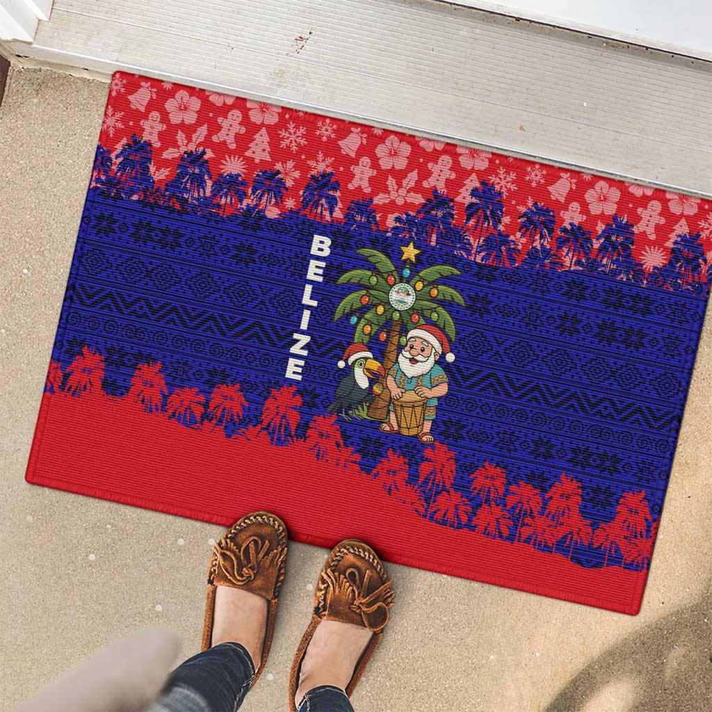 Belize Christmas Rubber Doormat with Santa Toucan Palm Tree and Tribal Holiday Pattern - Wonder Print Shop