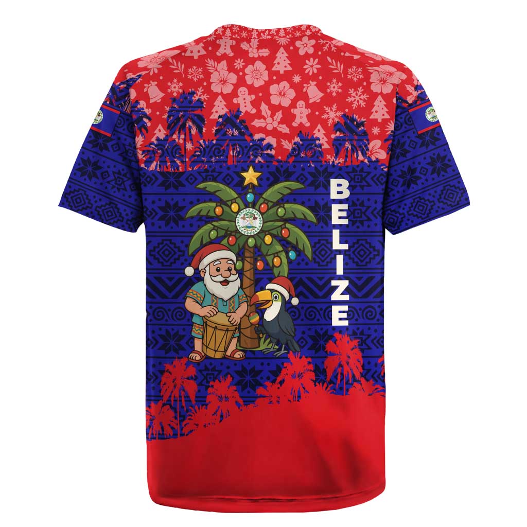 Belize Christmas Rugby Jersey with Santa Toucan Palm Tree and Tribal Holiday Pattern - Wonder Print Shop