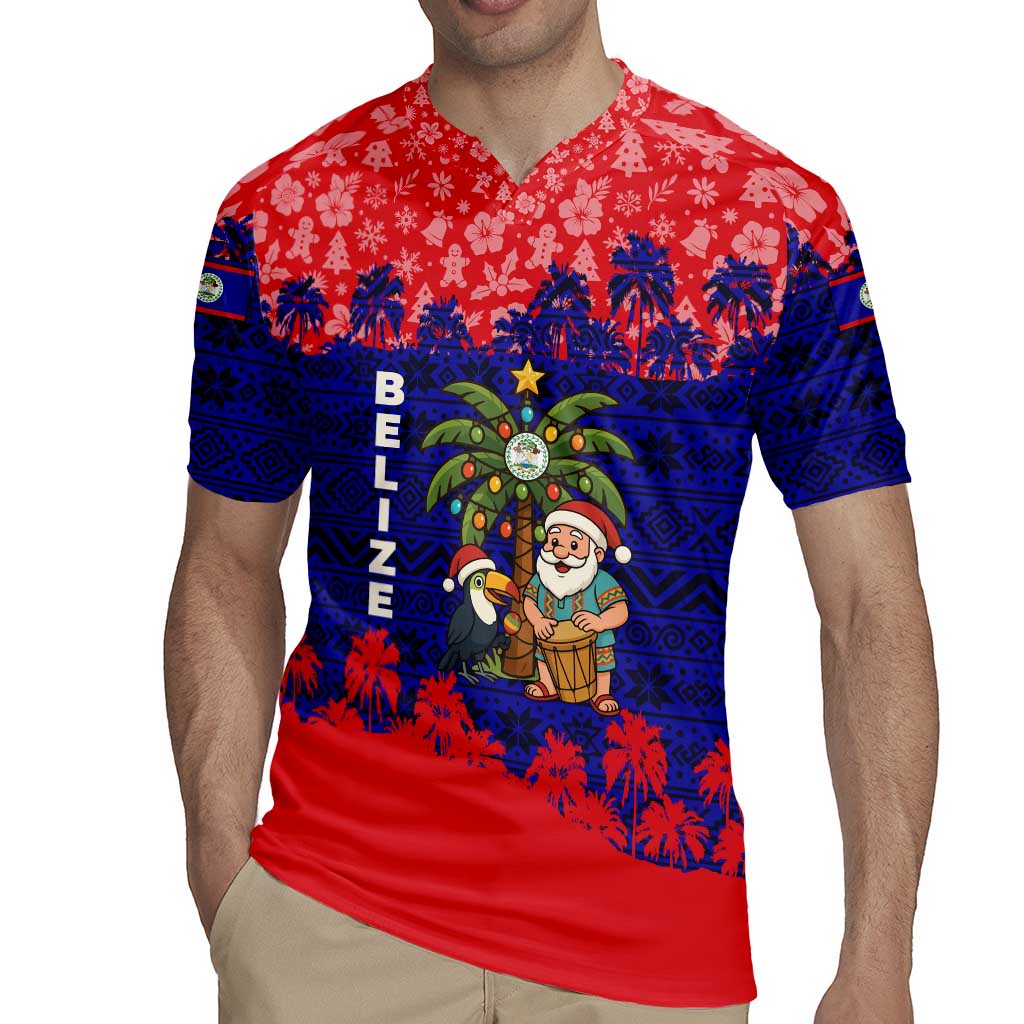 Belize Christmas Rugby Jersey with Santa Toucan Palm Tree and Tribal Holiday Pattern - Wonder Print Shop