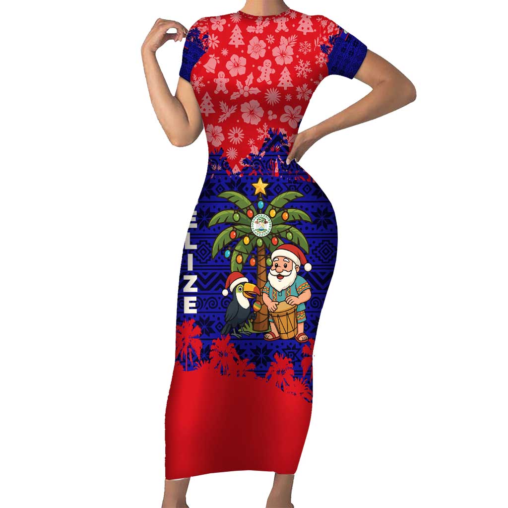Belize Christmas Short Sleeve Bodycon Dress with Santa Toucan Palm Tree and Tribal Holiday Pattern - Wonder Print Shop