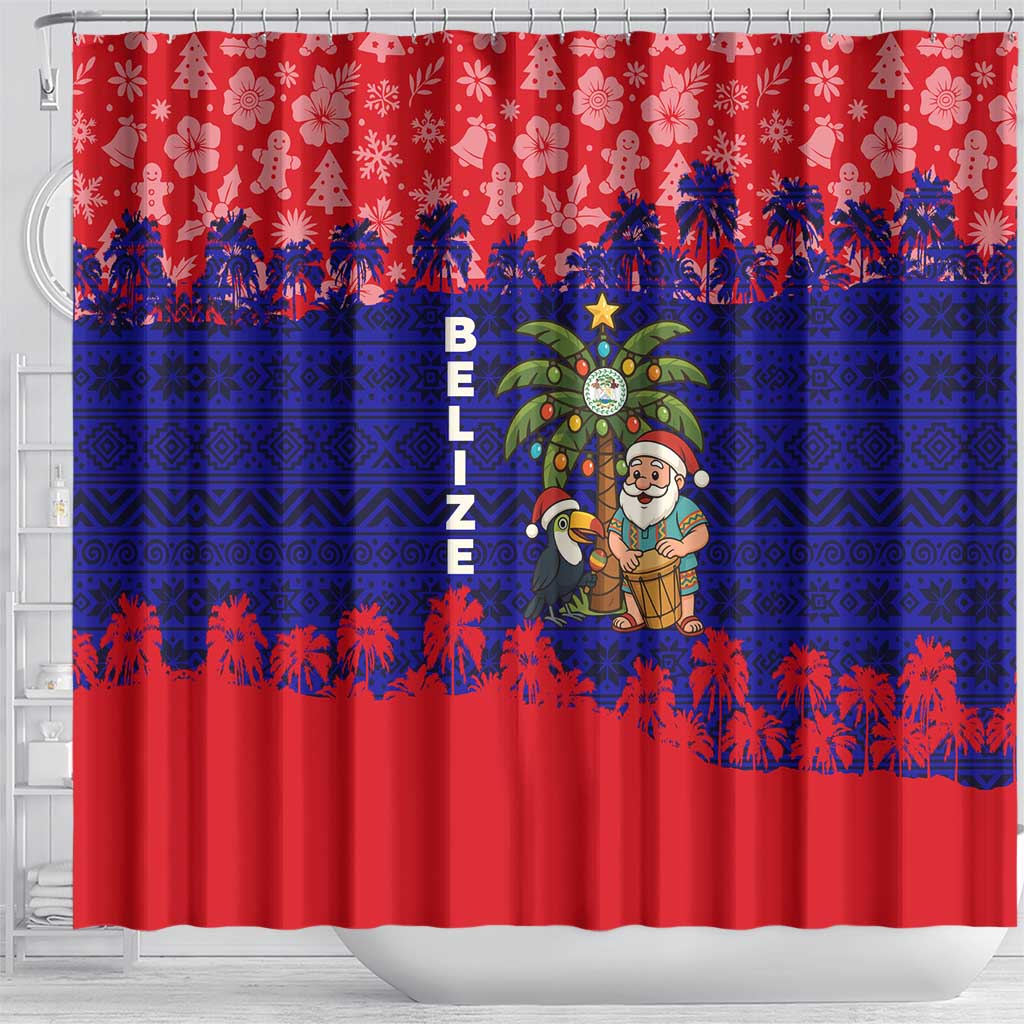 Belize Christmas Shower Curtain with Santa Toucan Palm Tree and Tribal Holiday Pattern - Wonder Print Shop