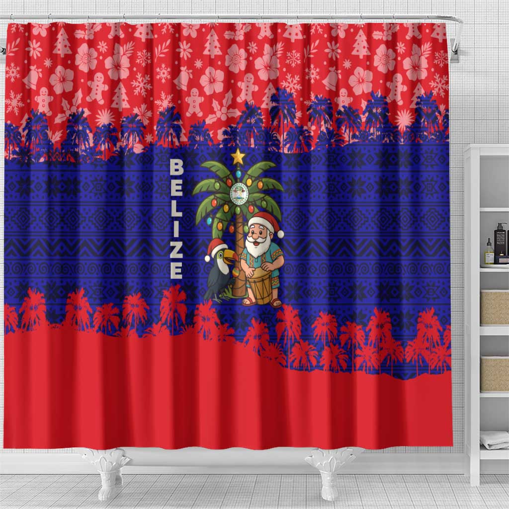 Belize Christmas Shower Curtain with Santa Toucan Palm Tree and Tribal Holiday Pattern - Wonder Print Shop