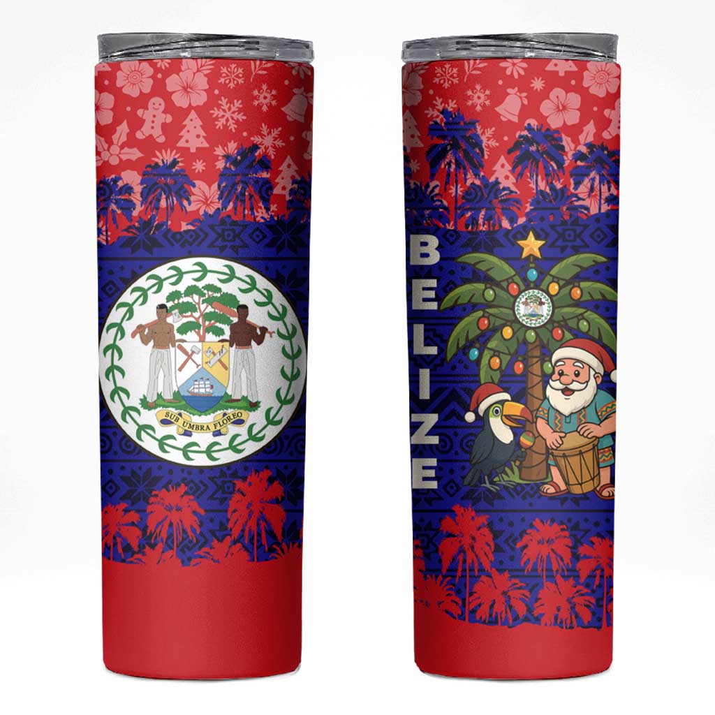 Belize Christmas Skinny Tumbler with Santa Toucan Palm Tree and Tribal Holiday Pattern - Wonder Print Shop
