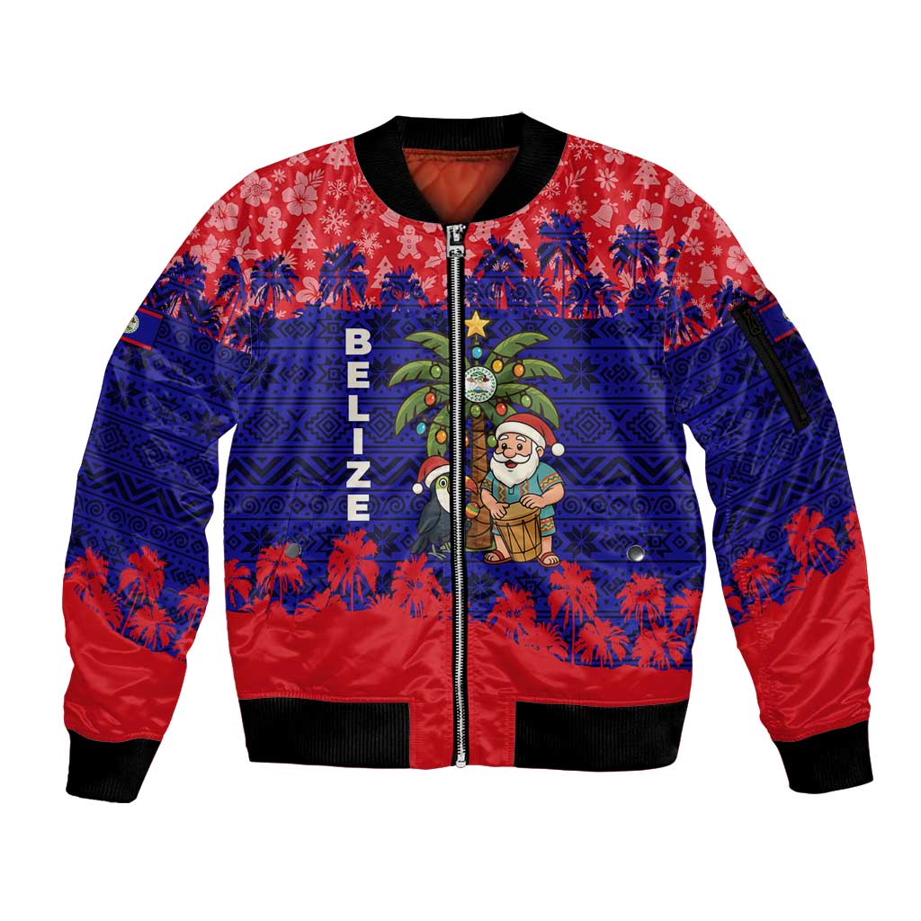 Belize Christmas Sleeve Zip Bomber Jacket with Santa Toucan Palm Tree and Tribal Holiday Pattern - Wonder Print Shop