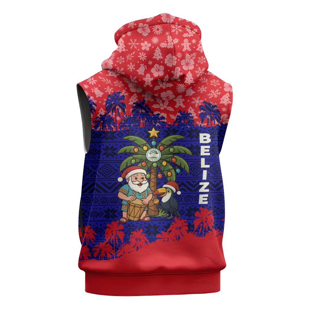 Belize Christmas Sleeveless Hoodie with Santa Toucan Palm Tree and Tribal Holiday Pattern - Wonder Print Shop