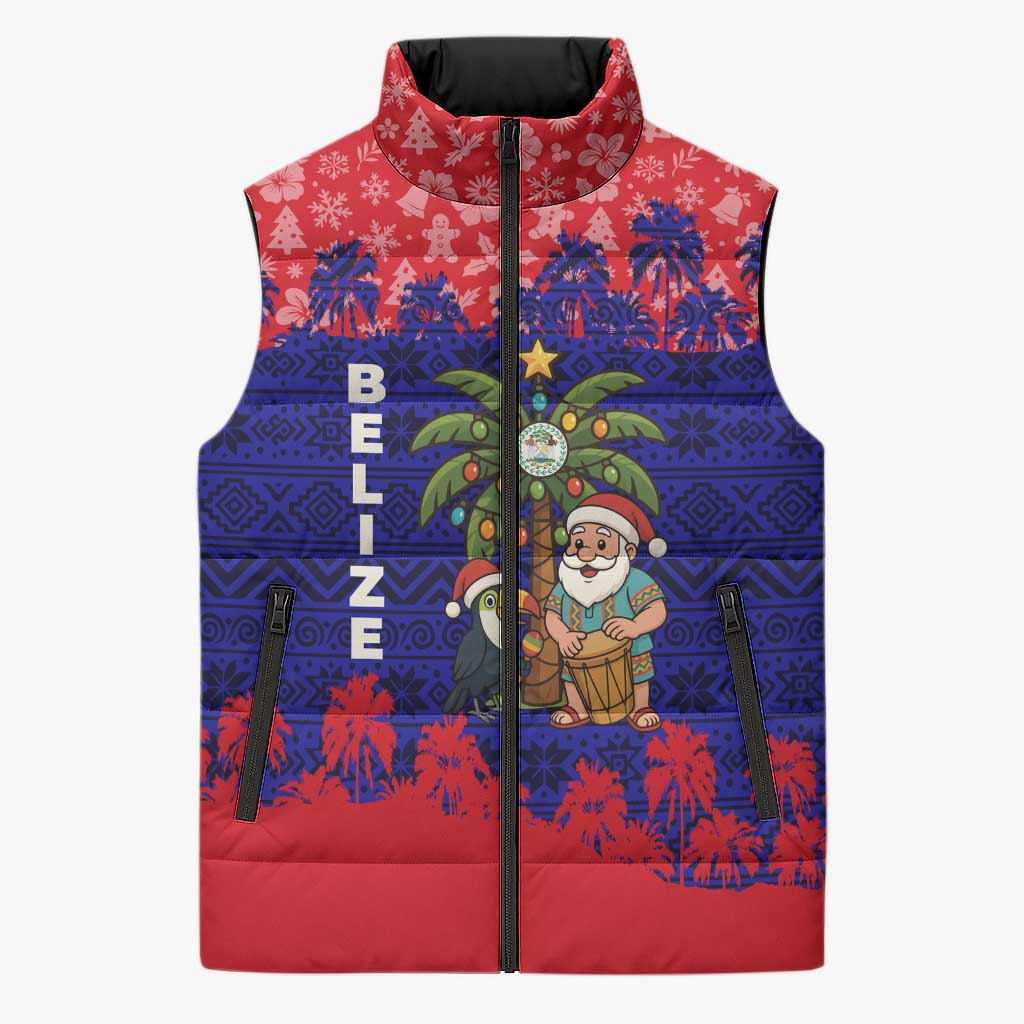 Belize Christmas Sleeveless Puffer Jacket with Santa Toucan Palm Tree and Tribal Holiday Pattern - Wonder Print Shop