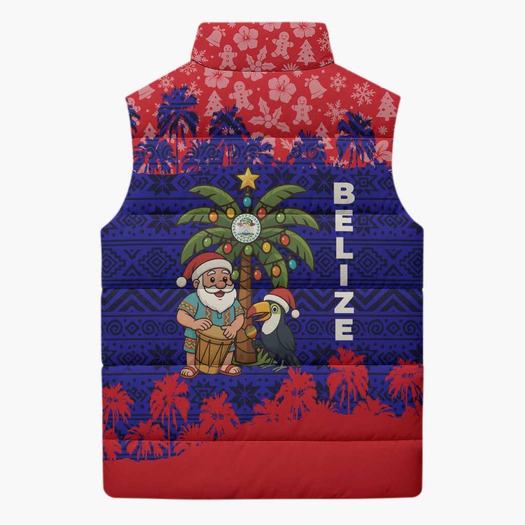Belize Christmas Sleeveless Puffer Jacket with Santa Toucan Palm Tree and Tribal Holiday Pattern - Wonder Print Shop