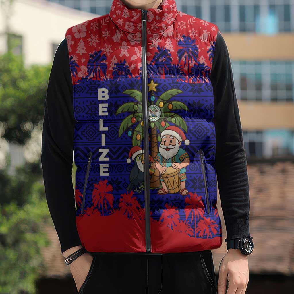 Belize Christmas Sleeveless Puffer Jacket with Santa Toucan Palm Tree and Tribal Holiday Pattern - Wonder Print Shop