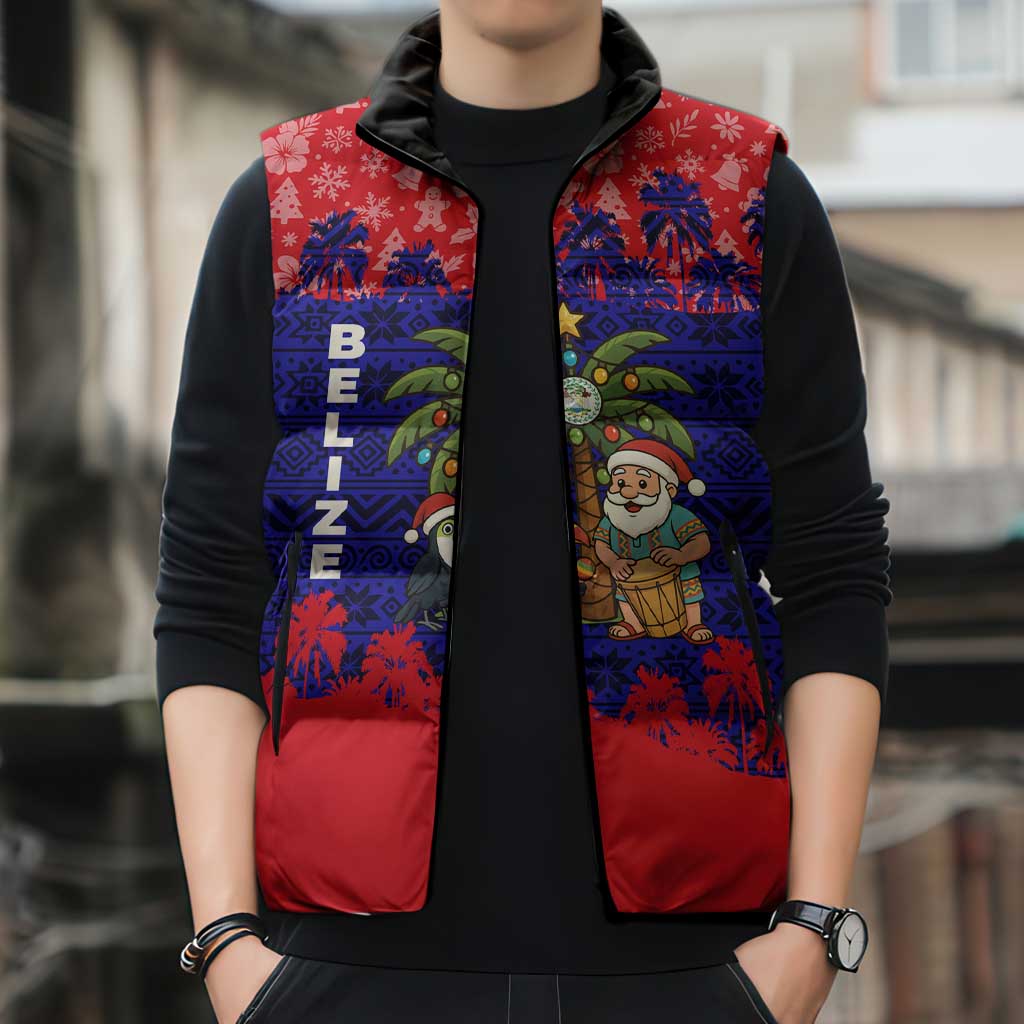 Belize Christmas Sleeveless Puffer Jacket with Santa Toucan Palm Tree and Tribal Holiday Pattern - Wonder Print Shop