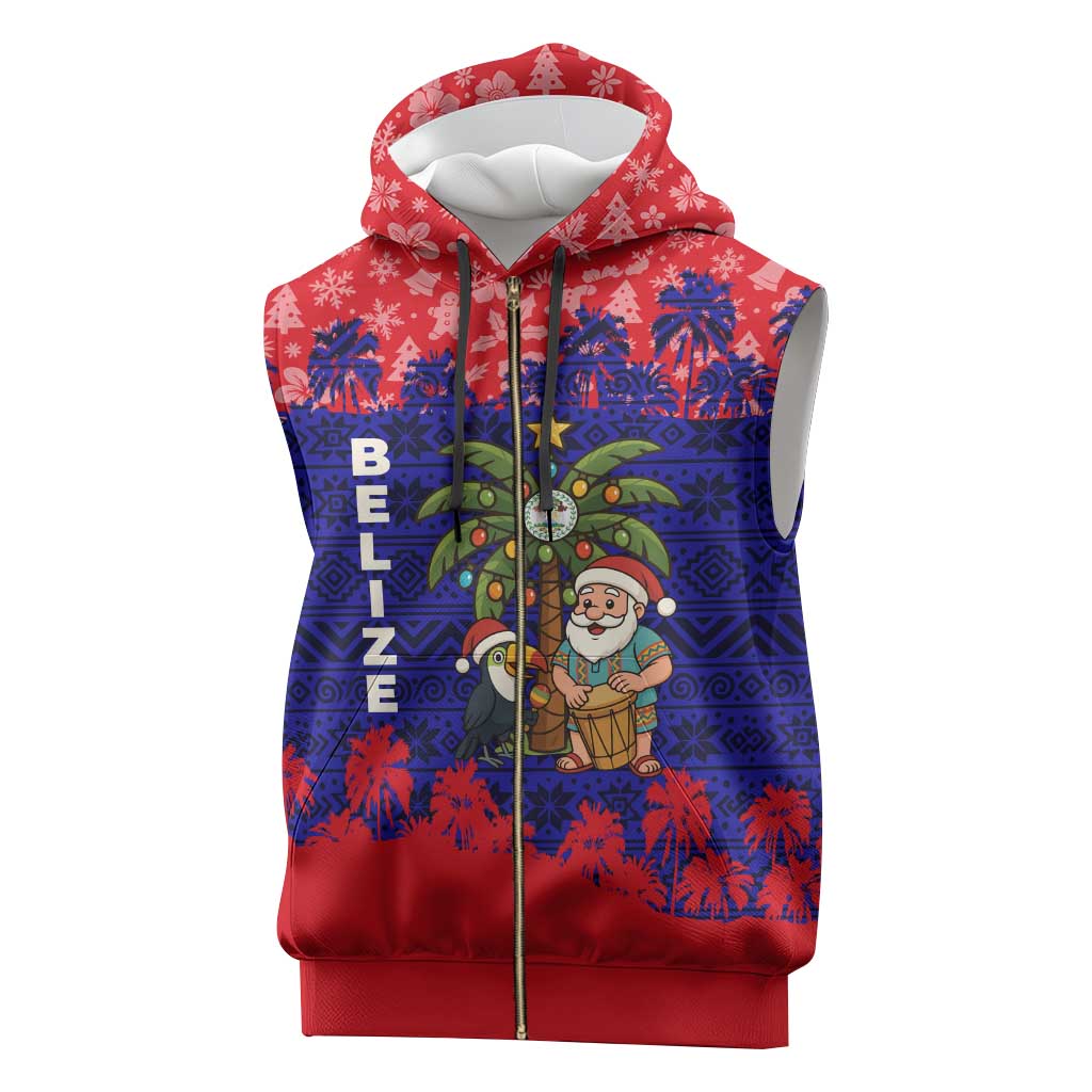 Belize Christmas Sleeveless Zip Hoodie with Santa Toucan Palm Tree and Tribal Holiday Pattern - Wonder Print Shop