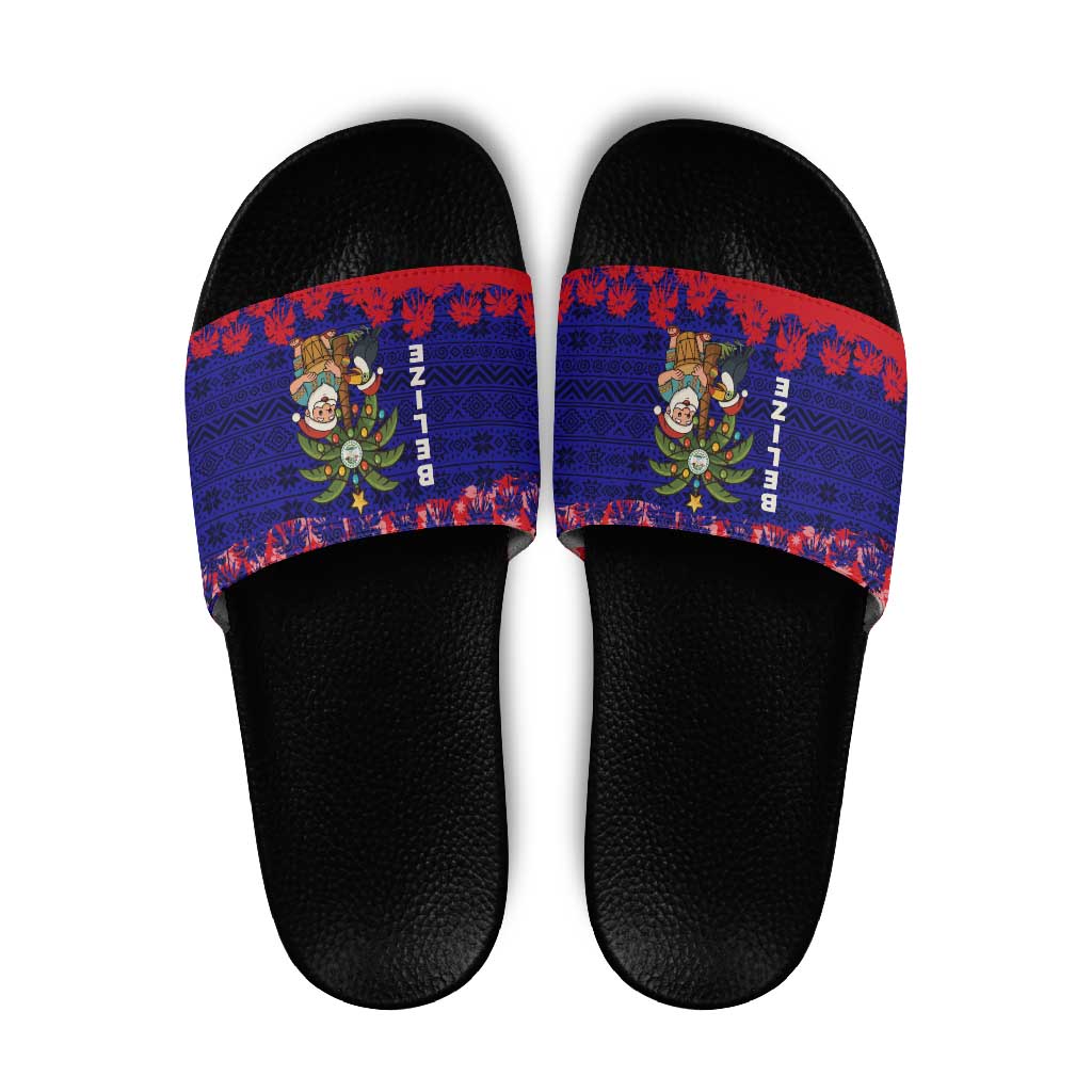 Belize Christmas Slide Sandals with Santa Toucan Palm Tree and Tribal Holiday Pattern - Wonder Print Shop