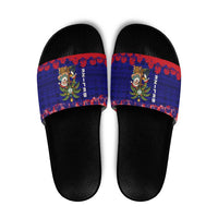 Belize Christmas Slide Sandals with Santa Toucan Palm Tree and Tribal Holiday Pattern - Wonder Print Shop