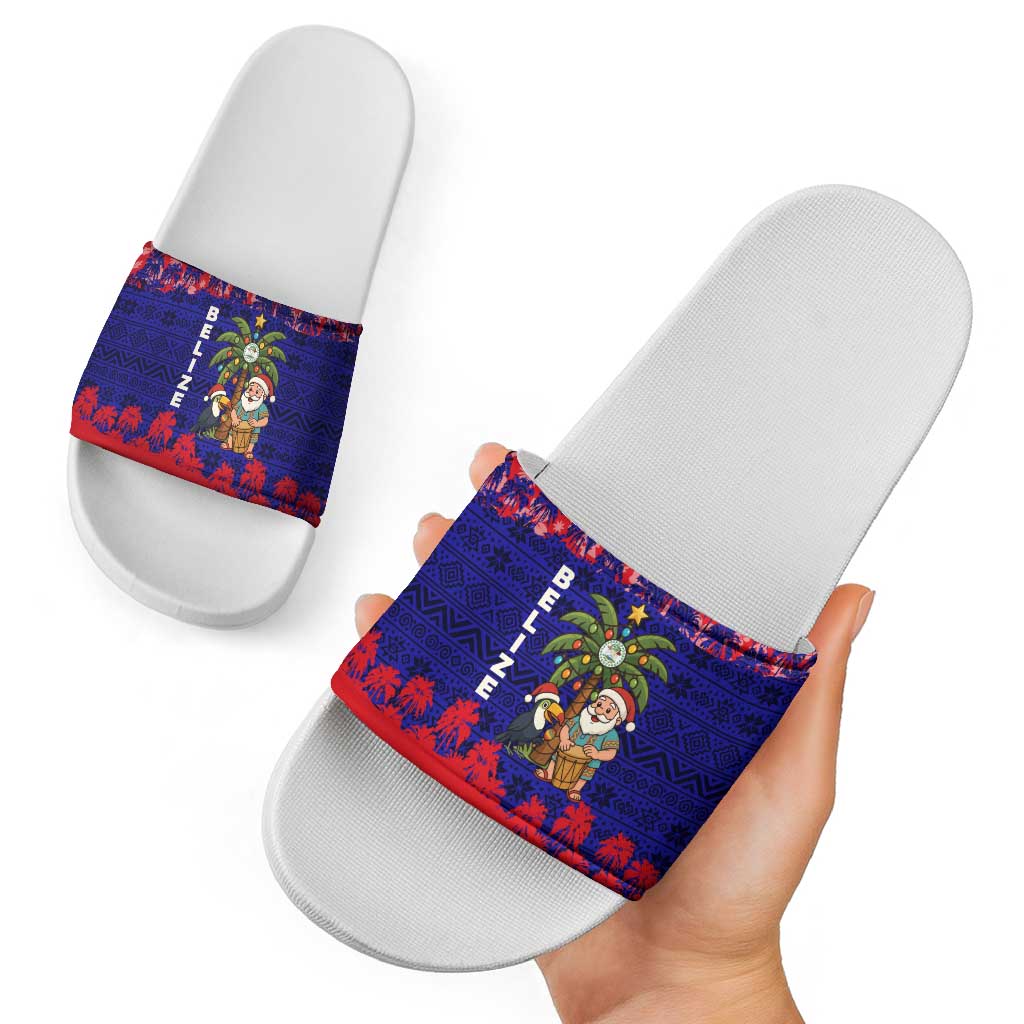Belize Christmas Slide Sandals with Santa Toucan Palm Tree and Tribal Holiday Pattern - Wonder Print Shop