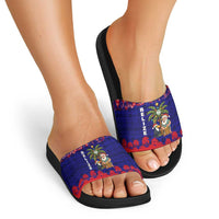 Belize Christmas Slide Sandals with Santa Toucan Palm Tree and Tribal Holiday Pattern - Wonder Print Shop