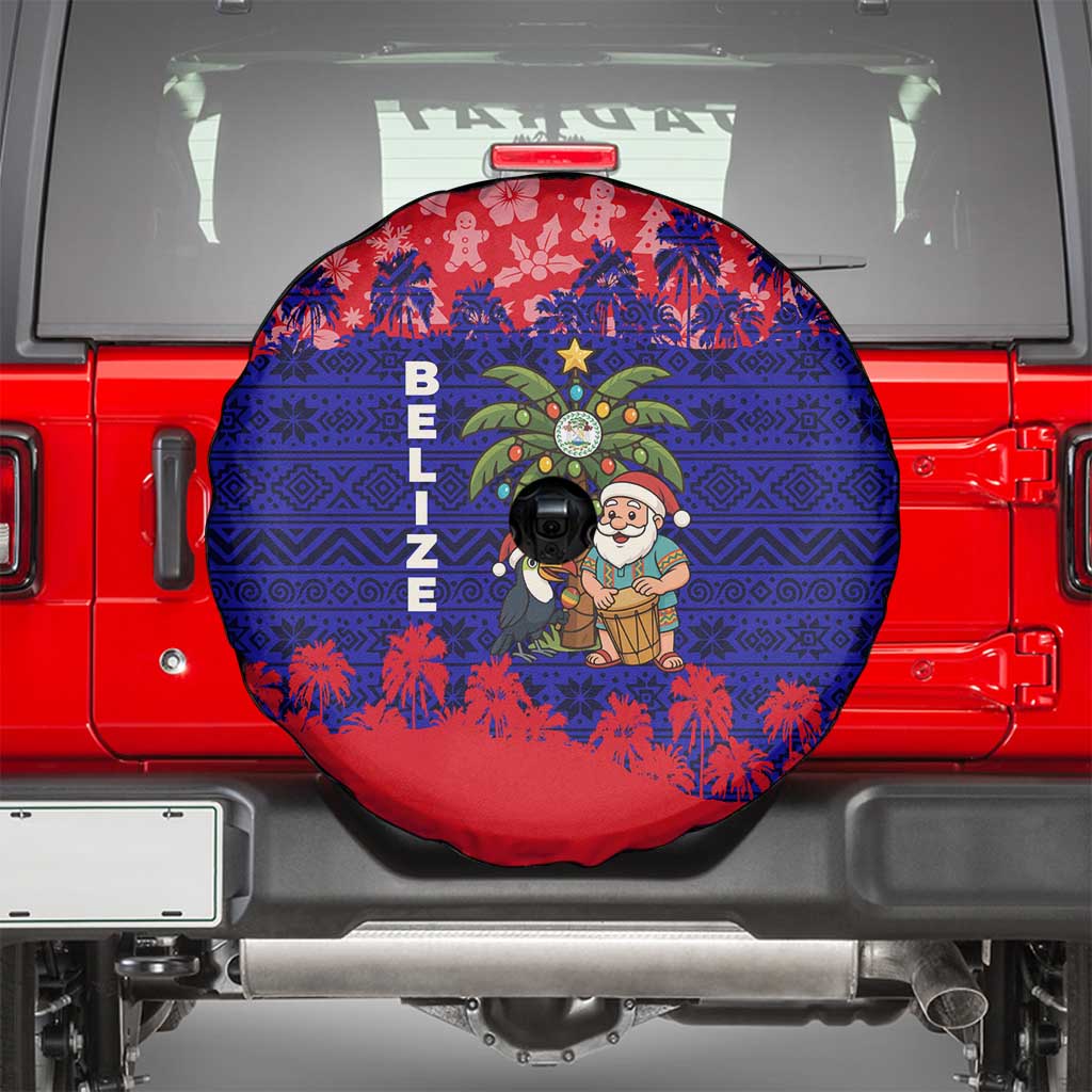 Belize Christmas Spare Tire Cover with Santa Toucan Palm Tree and Tribal Holiday Pattern - Wonder Print Shop