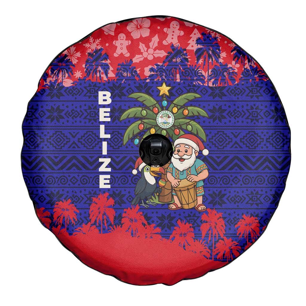 Belize Christmas Spare Tire Cover with Santa Toucan Palm Tree and Tribal Holiday Pattern - Wonder Print Shop
