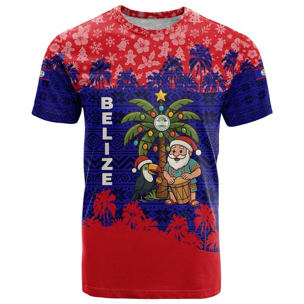 Belize Christmas T Shirt with Santa Toucan Palm Tree and Tribal Holiday Pattern - Wonder Print Shop