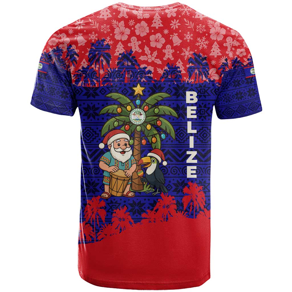 Belize Christmas T Shirt with Santa Toucan Palm Tree and Tribal Holiday Pattern - Wonder Print Shop