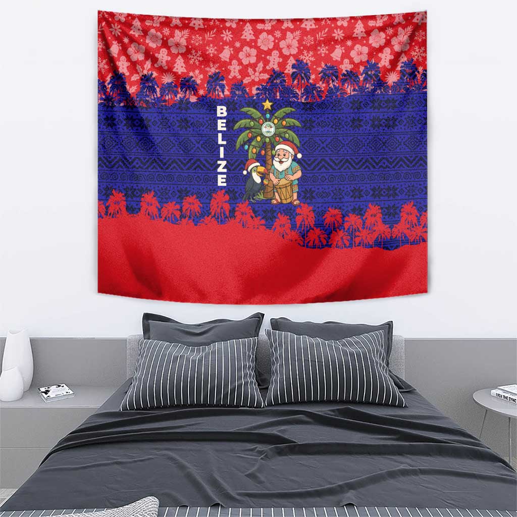 Belize Christmas Tapestry with Santa Toucan Palm Tree and Tribal Holiday Pattern - Wonder Print Shop