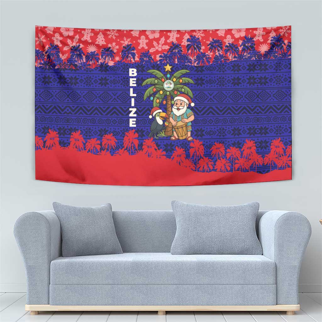 Belize Christmas Tapestry with Santa Toucan Palm Tree and Tribal Holiday Pattern - Wonder Print Shop