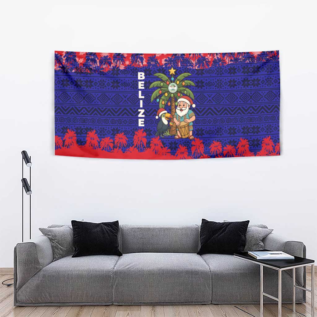 Belize Christmas Tapestry with Santa Toucan Palm Tree and Tribal Holiday Pattern - Wonder Print Shop