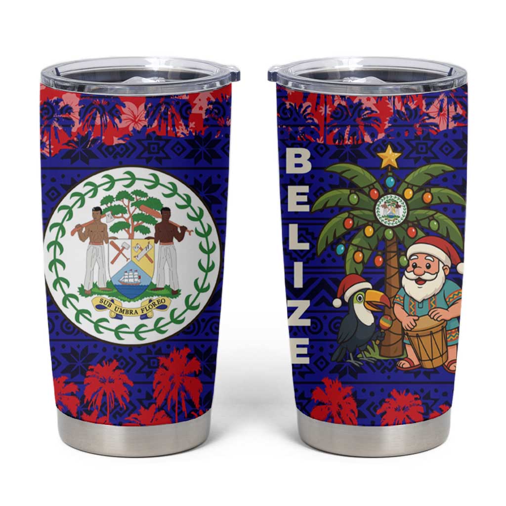 Belize Christmas Tumbler Cup with Santa Toucan Palm Tree and Tribal Holiday Pattern - Wonder Print Shop