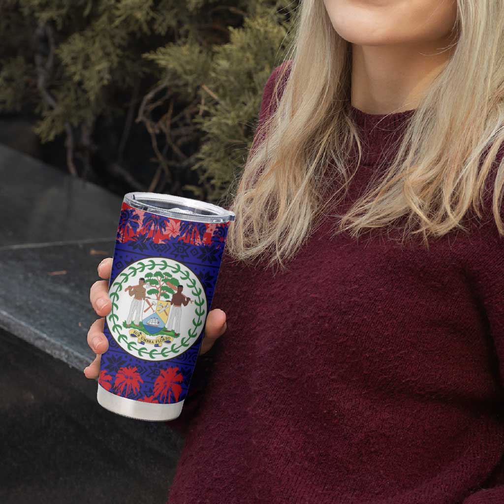 Belize Christmas Tumbler Cup with Santa Toucan Palm Tree and Tribal Holiday Pattern - Wonder Print Shop