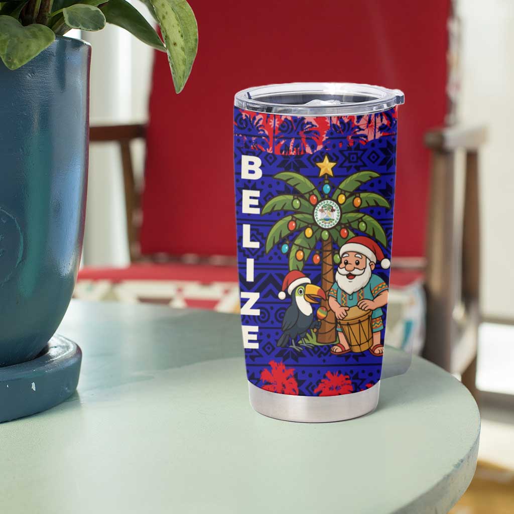 Belize Christmas Tumbler Cup with Santa Toucan Palm Tree and Tribal Holiday Pattern - Wonder Print Shop
