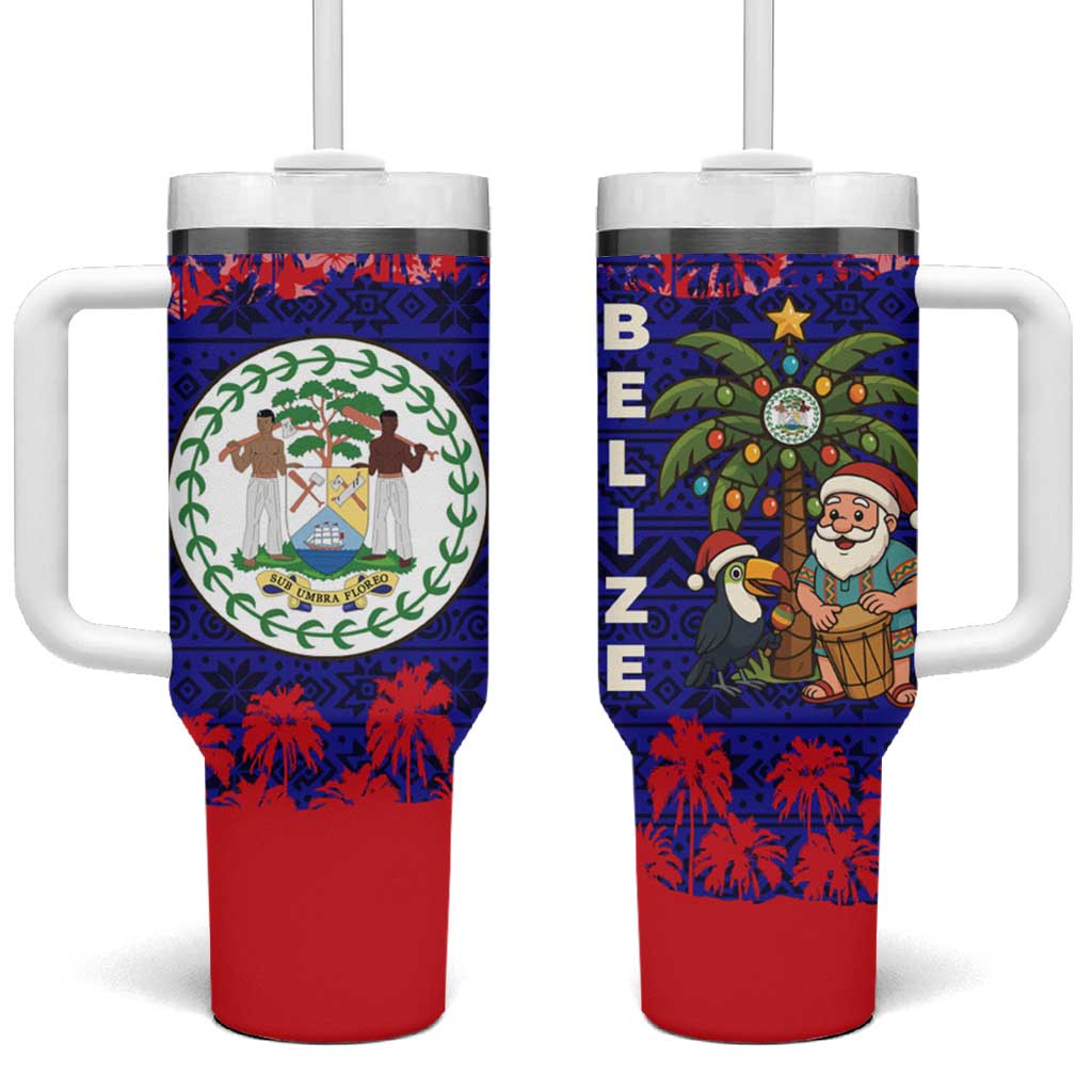 Belize Christmas Tumbler With Handle with Santa Toucan Palm Tree and Tribal Holiday Pattern - Wonder Print Shop