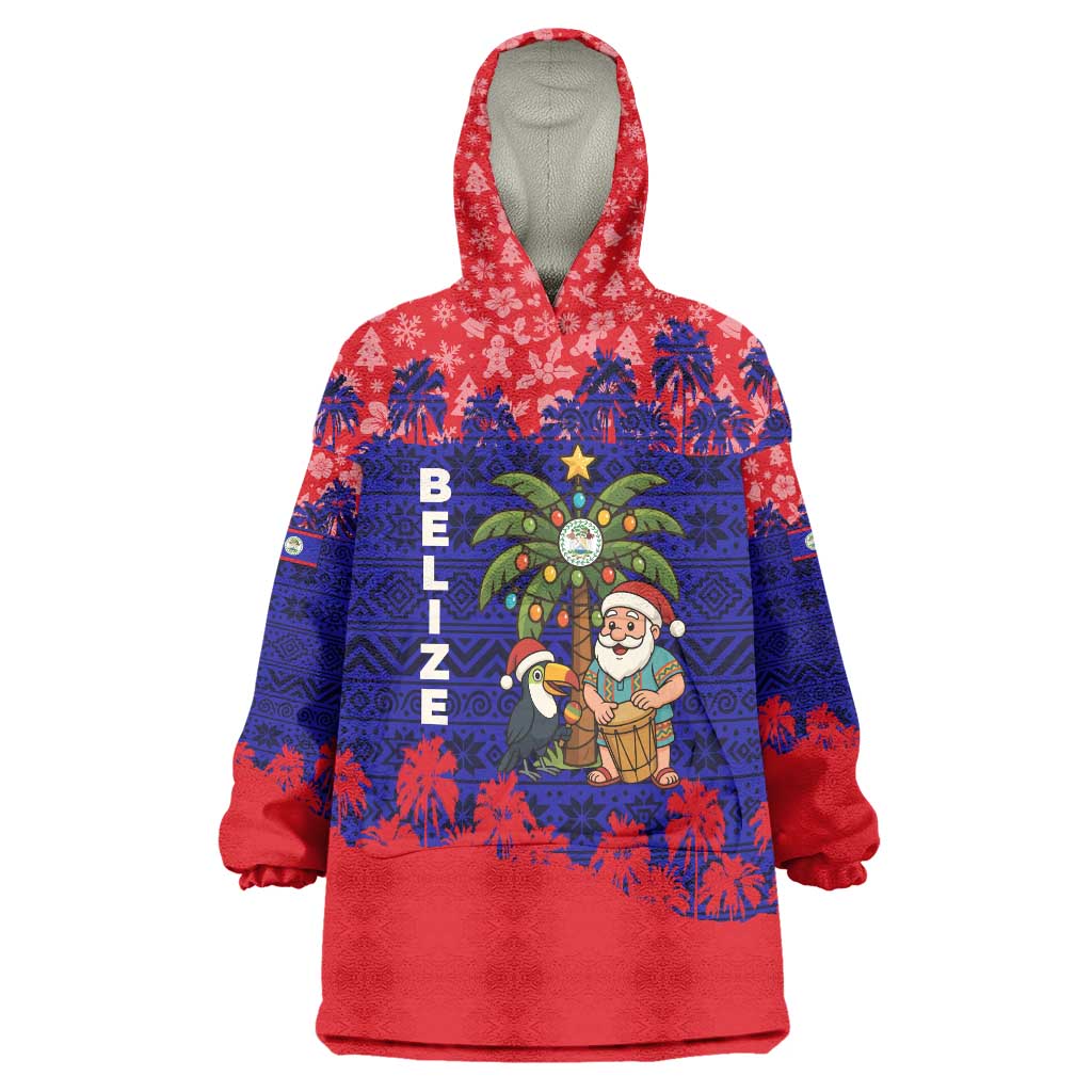 Belize Christmas Wearable Blanket Hoodie with Santa Toucan Palm Tree and Tribal Holiday Pattern - Wonder Print Shop