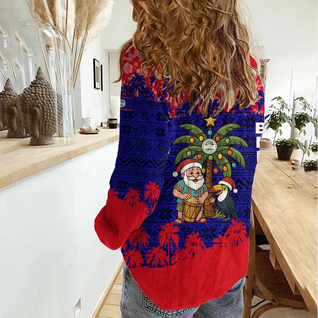 Belize Christmas Women Casual Shirt with Santa Toucan Palm Tree and Tribal Holiday Pattern - Wonder Print Shop
