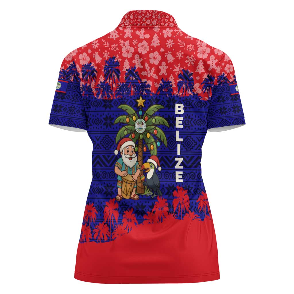 Belize Christmas Women Polo Shirt with Santa Toucan Palm Tree and Tribal Holiday Pattern - Wonder Print Shop