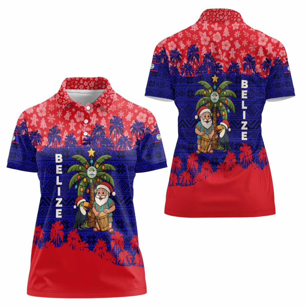 Belize Christmas Women Polo Shirt with Santa Toucan Palm Tree and Tribal Holiday Pattern - Wonder Print Shop