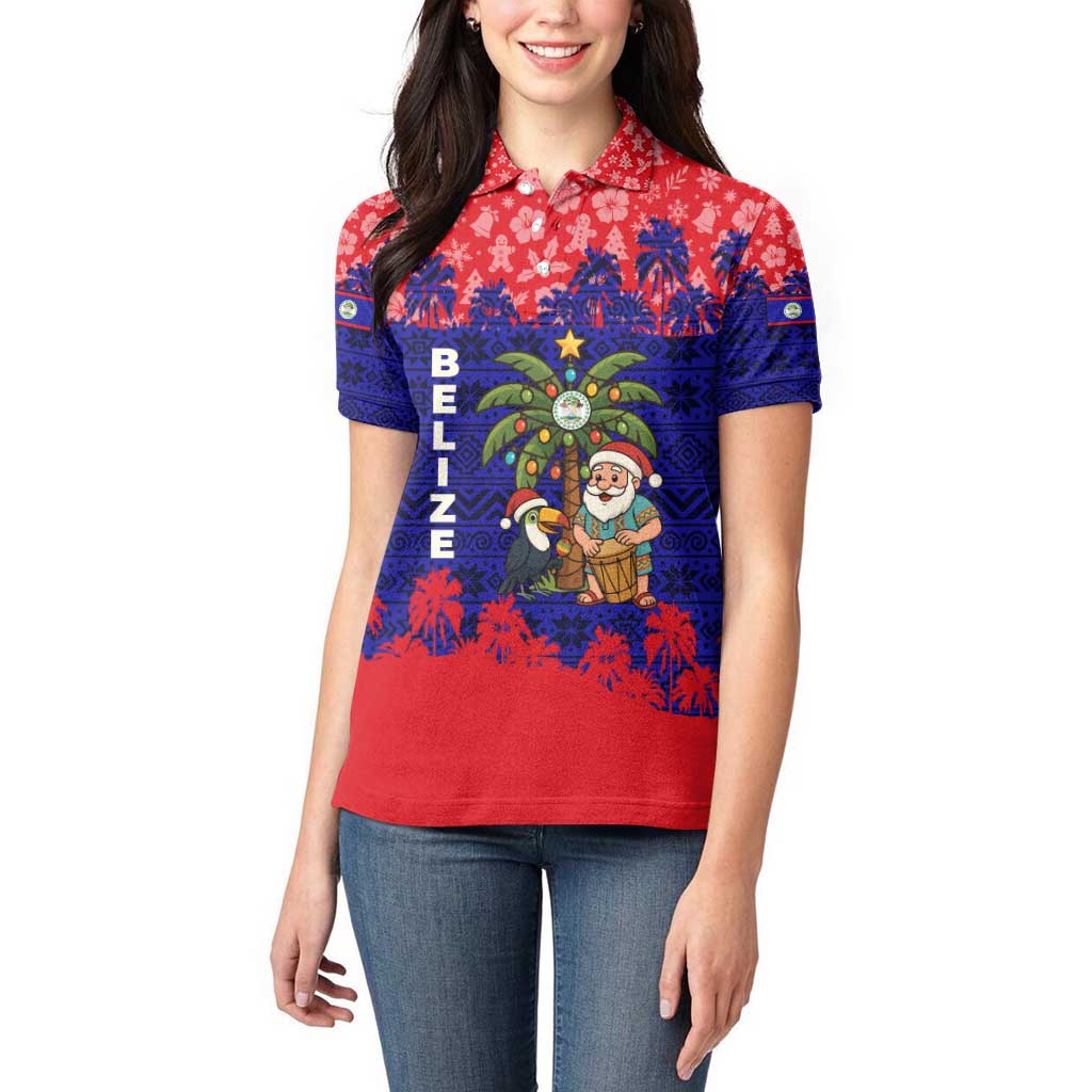 Belize Christmas Women Polo Shirt with Santa Toucan Palm Tree and Tribal Holiday Pattern - Wonder Print Shop