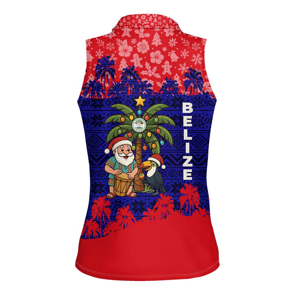Belize Christmas Women Sleeveless Polo Shirt with Santa Toucan Palm Tree and Tribal Holiday Pattern - Wonder Print Shop