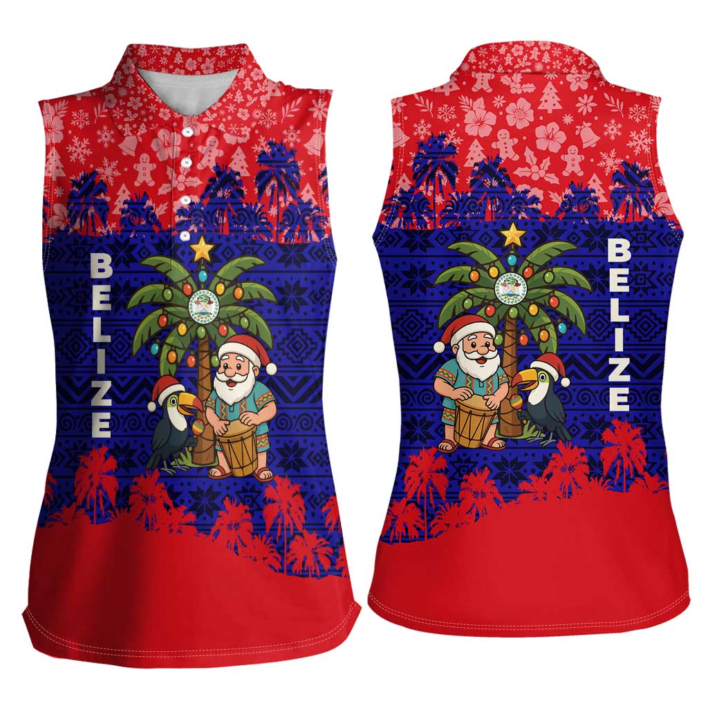 Belize Christmas Women Sleeveless Polo Shirt with Santa Toucan Palm Tree and Tribal Holiday Pattern - Wonder Print Shop