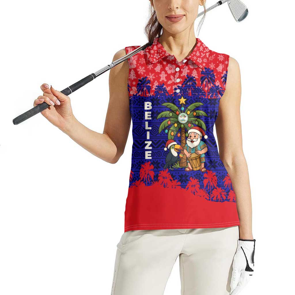 Belize Christmas Women Sleeveless Polo Shirt with Santa Toucan Palm Tree and Tribal Holiday Pattern - Wonder Print Shop
