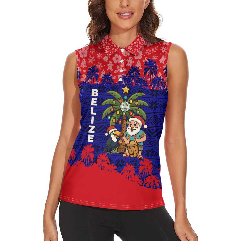 Belize Christmas Women Sleeveless Polo Shirt with Santa Toucan Palm Tree and Tribal Holiday Pattern - Wonder Print Shop