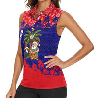 Belize Christmas Women Sleeveless Polo Shirt with Santa Toucan Palm Tree and Tribal Holiday Pattern - Wonder Print Shop