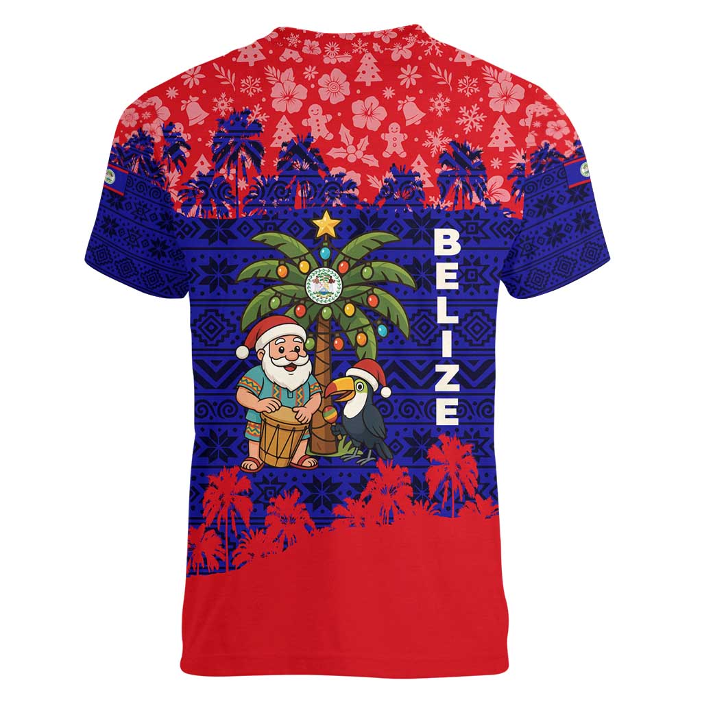 Belize Christmas Women V-Neck T-Shirt with Santa Toucan Palm Tree and Tribal Holiday Pattern - Wonder Print Shop