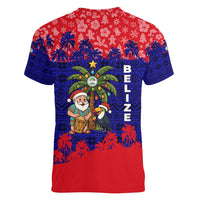 Belize Christmas Women V-Neck T-Shirt with Santa Toucan Palm Tree and Tribal Holiday Pattern - Wonder Print Shop