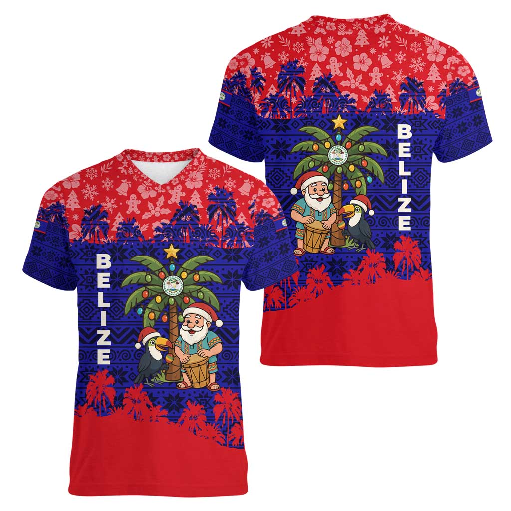 Belize Christmas Women V-Neck T-Shirt with Santa Toucan Palm Tree and Tribal Holiday Pattern - Wonder Print Shop