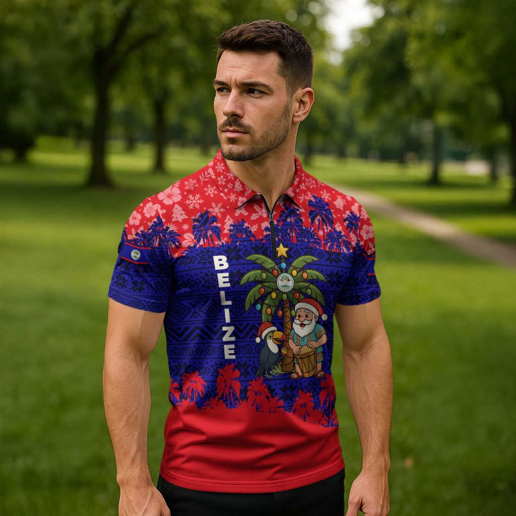 Belize Christmas Zipper Polo Shirt with Santa Toucan Palm Tree and Tribal Holiday Pattern - Wonder Print Shop
