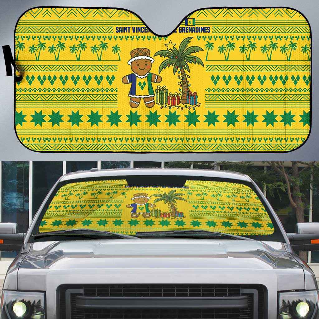 Saint Vincent and the Grenadines Christmas Auto Sun Shade with Gingerbread Boy Palm Tree and Traditional Pattern - Wonder Print Shop